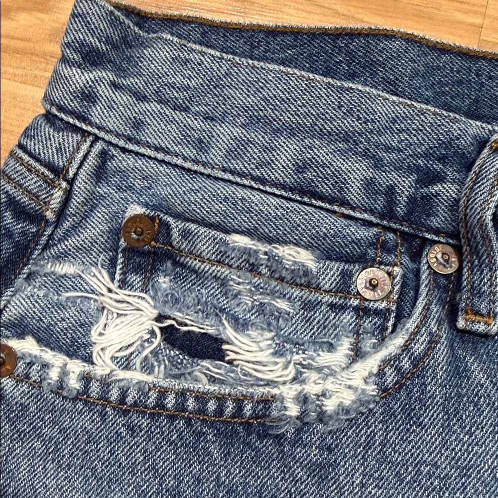 Agolde Distressed Blue Jean Shorts - Picture 5 of 8
